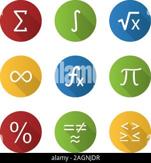 Mathematik flache Bauweise lange Schatten Glyphe Symbole gesetzt. Mathematische Symbole. Algebra. Vektor silhouette Abbildung Stock Vektor