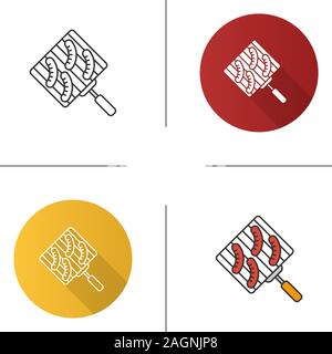 Hand Grill mit Würstchen Symbol. Grill Gitter. Flache Bauweise, lineare und Farbe Stile. Isolierte Vektorgrafiken Stock Vektor