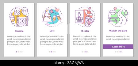 Arten von Termine Onboarding mobile App Seite Bildschirm mit linearen Konzepten. Kino, Café, Theater, Spaziergang im Park Schritte grafische Anweisungen. UX, Benutzeroberfläche, GUI Stock Vektor