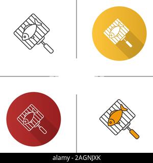 Hand Grill mit Lachs Fisch Symbol. Flache Bauweise, lineare und Farbe Stile. Isolierte Vektorgrafiken Stock Vektor