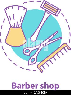 Barbershop Konzept Symbol. Männer pflege Idee dünne Linie Abbildung. Männer Bart Stil. Rasierer, Kamm, Rasierpinsel, Scheren. Vektor isoliert Kontur zeichnen Stock Vektor