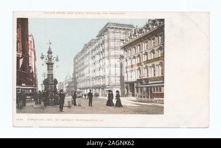 Postkarte Serie Anzahl: 5656 1901-1902. Enthalten gelegentliche Reprints aus der Serie 1000.; Palace Hotel und Lotta Brunnen, San Francisco, Calif. Stockfoto