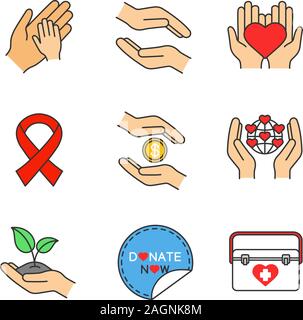Liebe farbige Symbole gesetzt. Helfende Hände, jetzt Aufkleber spenden, Erde speichern, Begrünung, Organ Transplantation, Anti-HIV Ribbon. Isolierte Vektor illustratio Stock Vektor