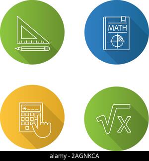 Mathematik Flachbild lineare lange Schatten Symbole gesetzt. Dreieckige Lineal und Bleistift, Mathematik Lehrbuch, Rechner, Quadratwurzel von x. Vektor Kontur Abbildung Stock Vektor