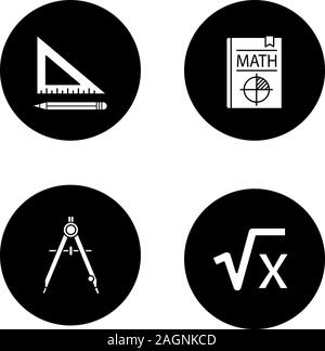 Mathematik Glyphe Symbole gesetzt. Dreieckige Lineal und Bleistift, Mathematik Lehrbuch, Zeichnung, Kompass, Quadratwurzel von x. Vektor weisse Silhouetten Abbildungen in Stock Vektor