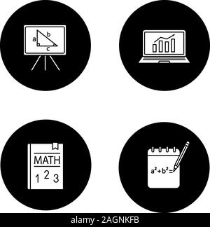 Mathematik Glyphe Symbole gesetzt. Entwurf, Mathematik Lehrbuch, Whiteboard, Statistiken. Vektor weisse Silhouetten Abbildungen in schwarzen Kreisen Stock Vektor