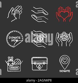 Liebe chalk Symbole gesetzt. Helfende Hände, jetzt Aufkleber spenden, Erde speichern, Spielzeug Spende, Organ Transplantation, Charity Organisation Lage. Isoliert Stock Vektor