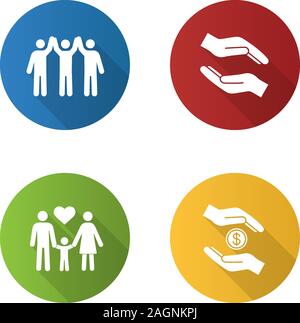 Liebe flache Bauweise lange Schatten Glyphe Symbole gesetzt. Helfende Hände, Adoption, Charity Organisation. Vektor silhouette Abbildung Stock Vektor