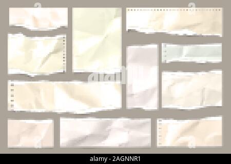 Rip-farbigen zerknittertes Papier streifen Sammlung. Realistische Papierstückchen mit Gerissene Kanten. Haftnotizen, Fetzen des Notebook Seiten. Vector Illustration. Stock Vektor
