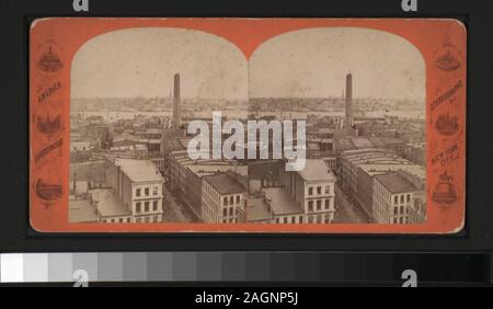 Panorama von Tribune Gebäude (7 Ansichten) Allgemeine Aussicht auf Manhattan, New York City: Lower Manhattan von der Post, die Tribüne, von der Brooklyn Bridge Tower, Western Union Building, der Schuß Tower, den Austausch zu produzieren und an anderen Orten, und ein Blick auf den Central Park und die angrenzenden Nachbarschaften von einem Flugzeug und einer Blickrichtung Nordost vom Flatiron Building entfernt. Blick von Anthony, Campbell, Kilburn Brüder und andere Fotografen und Verlage. Robert Dennis Sammlung von stereoskopische Ansichten. Einige Ansichten haben steuerstempel angebracht. Titel, die vom Katalog Stockfoto