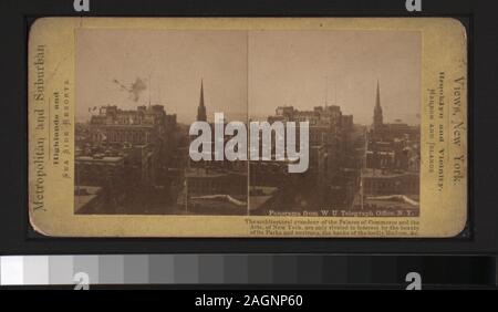Panorama von WU Telegrafenamt, NY allgemeine Aussicht auf Manhattan, New York City: Lower Manhattan von der Post, die Tribüne, von der Brooklyn Bridge Tower, Western Union Building, der Schuß Tower, den Austausch zu produzieren und an anderen Orten, und ein Blick auf den Central Park und die angrenzenden Nachbarschaften von einem Flugzeug und einer Blickrichtung Nordost vom Flatiron Building entfernt. Blick von Anthony, Campbell, Kilburn Brüder und andere Fotografen und Verlage. Robert Dennis Sammlung von stereoskopische Ansichten. Einige Ansichten haben steuerstempel angebracht. Titel von CATALOGER.; Stockfoto