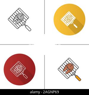 Hand Grill mit Lachs Fisch Symbol. Grill Gitter. Grillen Warenkorb mit Fisch Steak. Flache Bauweise, lineare und Farbe Stile. Isolierte Vektorgrafiken Stock Vektor