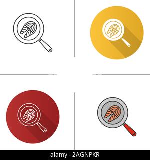 Fisch steak braten auf Küche Symbol schwenken. Flache Bauweise, lineare und Farbe Stile. Isolierte Vektorgrafiken Stock Vektor