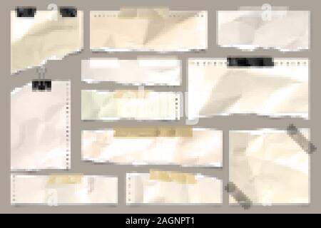 Rip-farbigen zerknittertes Papier streifen Sammlung. Realistische Papierstückchen mit zerrissenen Rändern und Klebeband. Haftnotizen, Fetzen des Notebook Seiten Stock Vektor