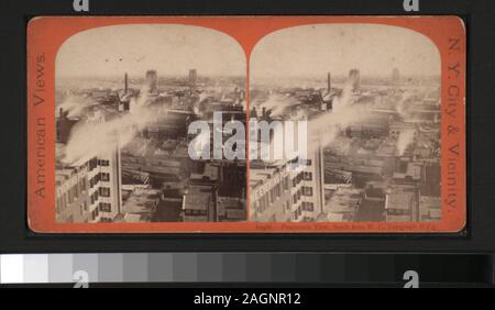 Panoramaaussicht, südlich von WU Telegraph B' g Allgemein Blick auf Manhattan, New York City: Lower Manhattan von der Post, die Tribüne, von der Brooklyn Bridge Tower, Western Union Building, der Schuß Tower, den Austausch zu produzieren und an anderen Orten, und ein Blick auf den Central Park und die angrenzenden Nachbarschaften von einem Flugzeug und einer Blickrichtung Nordost vom Flatiron Building entfernt. Blick von Anthony, Campbell, Kilburn Brüder und andere Fotografen und Verlage. Robert Dennis Sammlung von stereoskopische Ansichten. Einige Ansichten haben steuerstempel angebracht. Titel von Cat entwickelt Stockfoto