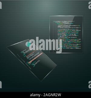 Der dunkle Hintergrund mit Programmcode der Glasscheibe. Programmierung und Coding Technologie Hintergrund. Programm Auflistung. Vector Illustration. Stock Vektor