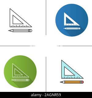 Geometrie-dreieck mit Bleistift. Die zeichnungserstellung. Flache Bauweise, lineare und Farbe Stile. Isolierte Vektorgrafiken Stock Vektor