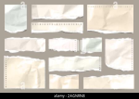 Rip-farbigen zerknittertes Papier streifen Sammlung. Realistische Papierstückchen mit Gerissene Kanten. Haftnotizen, Fetzen des Notebook Seiten. Vector Illustration. Stock Vektor