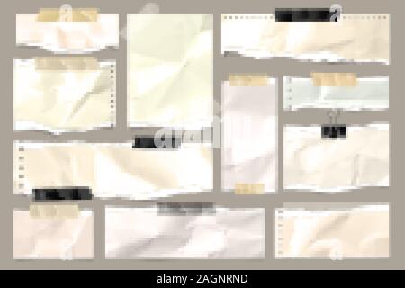 Rip-farbigen zerknittertes Papier streifen Sammlung. Realistische Papierstückchen mit zerrissenen Rändern und Klebeband. Haftnotizen, Fetzen des Notebook Seiten Stock Vektor