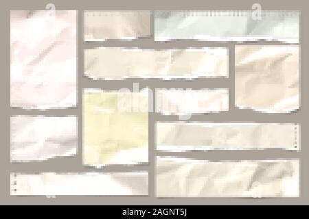Rip-farbigen zerknittertes Papier streifen Sammlung. Realistische Papierstückchen mit Gerissene Kanten. Haftnotizen, Fetzen des Notebook Seiten. Vector Illustration. Stock Vektor