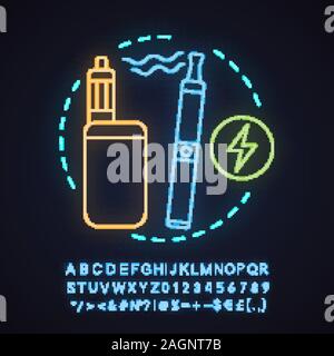 E-Zigaretten Neon Licht Konzept Symbol. Alternative rauchen Idee. Vape pen und Box mod. Leuchtende Zeichen mit Alphabet, Zahlen und Symbolen. Vektor isoliert Stock Vektor