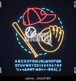 Baseball Neon Licht Konzept Symbol. Softball Idee. Team Sport. Baseball Schläger, Ball, Handschuh, Mütze. Leuchtende Zeichen mit Alphabet, Zahlen und Symbolen. Vektor i Stock Vektor