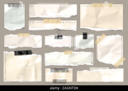 Rip-farbigen zerknittertes Papier streifen Sammlung. Realistische Papierstückchen mit zerrissenen Rändern und Klebeband. Haftnotizen, Fetzen des Notebook Seiten Stock Vektor