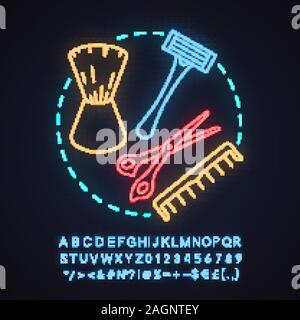 Barbershop Neon Licht Konzept Symbol. Männer Pflege die Idee. Männer Bart Stil. Rasierer, Kamm, Rasierpinsel, Scheren. Leuchtende Zeichen mit Alphabet, Zahlen und Stock Vektor