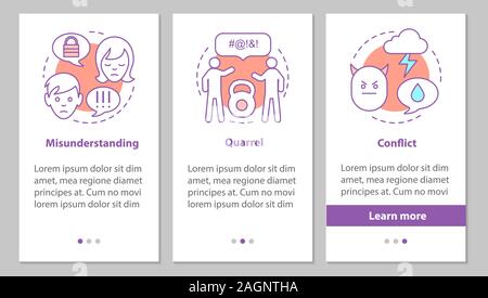 Schwierige Beziehungen Onboarding mobile App Seite Bildschirm mit linearen Konzepten. Missverständnisse, Streit, Konflikt Schritte grafische Anweisungen. UX, UI Stock Vektor