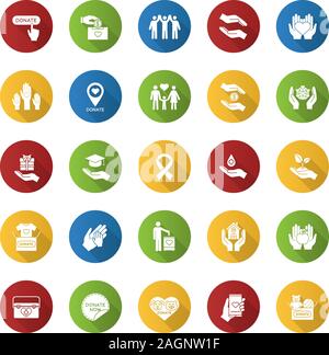 Liebe flache Bauweise lange Schatten Glyphe Symbole gesetzt. Spende. Fundraising, helfende Hände, Ehrenamt, humanitäre Hilfe. Vektor silhouette Abbildung Stock Vektor