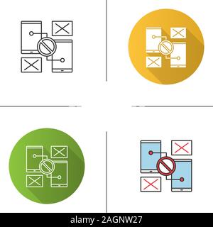 Smartphones mit verbotenen Zeichen Symbol. Kein Signal oder der Verbindung. Synchronisationsproblem. Flache Bauweise, lineare und Farbe Stile. Isolierte Vektor illustra Stock Vektor