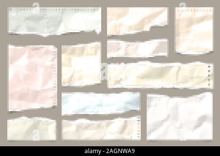 Rip-farbigen zerknittertes Papier streifen Sammlung. Realistische Papierstückchen mit Gerissene Kanten. Haftnotizen, Fetzen des Notebook Seiten. Vector Illustration. Stock Vektor