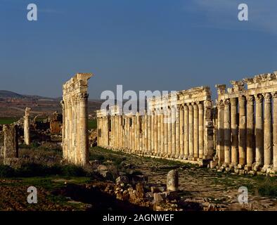 Syrien Apamea. Antike griechische und römische Stadt. Große Kolonnade und Cardo Maximus. 2. Jahrhundert. Römische Zeit. Foto vor dem syrischen Bürgerkrieg. Stockfoto