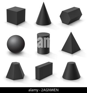 Grundlegende 3D-Formen. Schwarze geometrische Körper auf einem weißen Hintergrund. Vector Illustration Stock Vektor