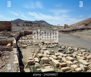 Syrien, Palmyra. Die Ruinen der römischen Stadt. Im Hintergrund, das Tal der Gräber. Oase Tadmor. Foto vor dem syrischen Bürgerkrieg. Stockfoto