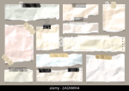 Rip-farbigen zerknittertes Papier streifen Sammlung. Realistische Papierstückchen mit zerrissenen Rändern und Klebeband. Haftnotizen, Fetzen des Notebook Seiten Stock Vektor