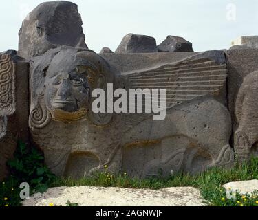 Syrien. Ain Dara. Eisenzeit Syro-Hittite Tempel, C. 1300 v. Chr.-740 v. Chr.. Basaltische Steinsockel mit der Sphinx. Detail. Foto vor dem syrischen Bürgerkrieg. Die sanctuarye wurde wesentlich durch türkische Luftwaffe im Jahr 2018 beschädigt. Stockfoto