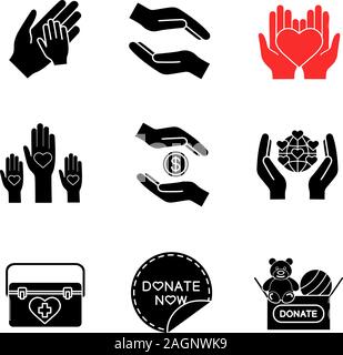 Liebe Glyphe Symbole gesetzt. Silhouette Symbole. Helfende Hände, jetzt Aufkleber spenden, Erde speichern, Spielzeug Spende, Organ Transplantation, die Einheit in der Vielfalt. Stock Vektor