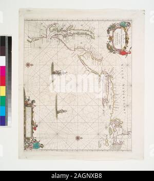 Stokes vor 1666-B-23 von Pieter Goos, De Zee-Atlas, 1666. Dek048; Pas caerte van Nieu Nederlandt en de engelsche Virginies van Cabo Cod tot Cabo Canrick [Cape Hatteras]. Stockfoto