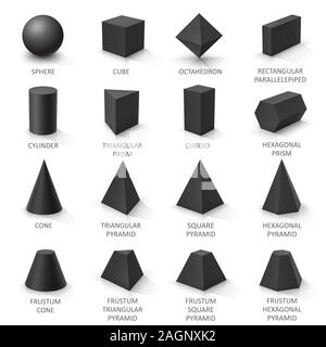 Grundlegende 3D-Formen. Schwarze geometrische Körper auf einem weißen Hintergrund. Vector Illustration Stock Vektor