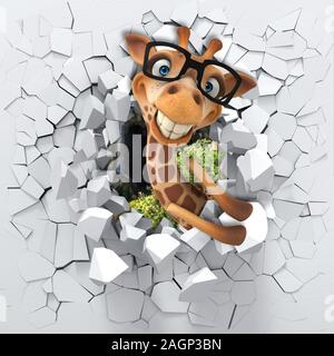 3D-Hintergrund, kleine Giraffe lugen von einem gebrochenen Wand. 3D Wall sieht sehr schön und bringt auch in verschiedenen Farben! Stockfoto