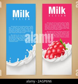 Milch design Vector Illustration mit Milch spritzen und Himbeere Stock Vektor