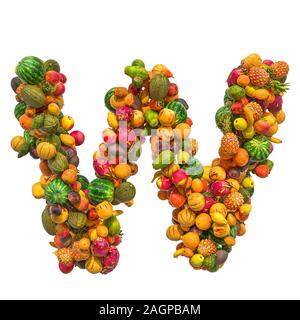 Buchstabe W, Obst Font. 3D-Rendering auf weißem Hintergrund Stockfoto