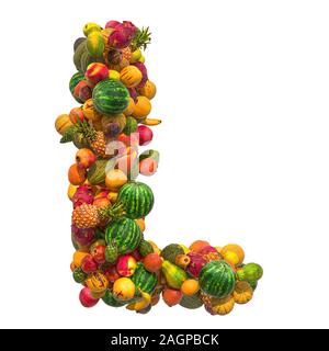 Buchstabe L, Obst Font. 3D-Rendering auf weißem Hintergrund Stockfoto