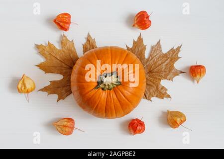 Herbst Komposition. Kürbis, trockene Blätter, Äpfel und Physalis auf weißem Holz- Hintergrund. Herbst Erntedankfest Hintergrund. Herbst Konzept. Flach Stockfoto