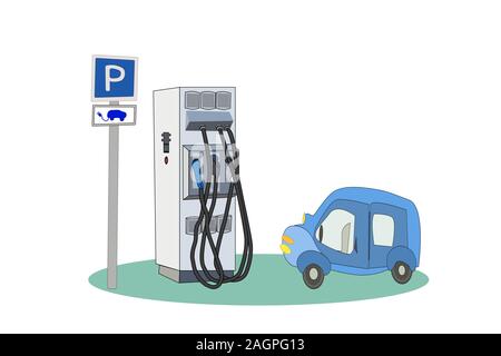 Blau Elektroauto in die Ladestation auf weißem Hintergrund. Eco Transport Konzept. Cartoon Elektroauto an der Ladestation Stock Vektor