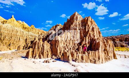 Wandern durch die dramatische und einzigartigen Mustern von Slot Canyons und Hoodoos des weichen vulkanischen Bentonit Clay in Cathedral Grove State Park, NV, USA Stockfoto