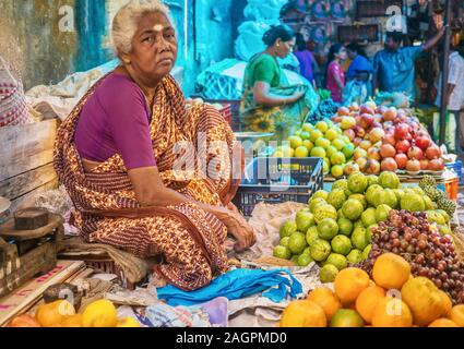 Pondicherry, Indien - Dec 8, 2013. Eine indische Frau verkaufen frisches Obst auf einem Markt, beim Sitzen im Schneidersitz in einer traditionellen indischen Sari. Stockfoto