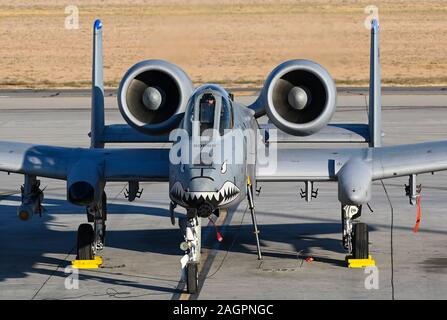 Ein Pilot der 75th Fighter Squadron bei Moody Air Force Base, Georgien zugeordnet, wartet, um mit dem Taxi in einer A-10 Thunderbolt II C Flugzeuge, während der Grünen Flag-West an der Nellis AFB, Nevada, Sept. 11, 2019. Grüne Flagge ist eine erweiterte, realistisch, und relevanten Luft-zu-oberfläche Übung, Vorbereitung gemeinsamer und Koalition Krieg Kämpfer zu Combatant Commander Anforderungen in der Luft-, Raumfahrt- und Cyberspace treffen. (U.S. Air Force Foto von Randy Lewis) Stockfoto