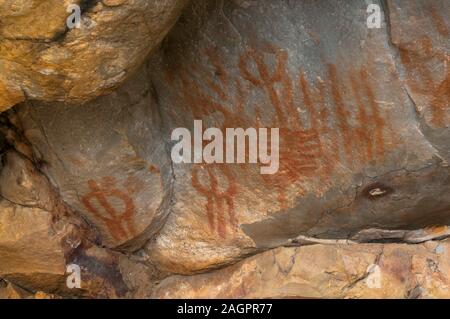 Schematische Höhlenmalereien, Kupferzeit, Arroyo de San Servan, Badajoz, Extremadura, Spanien, Europa. Stockfoto